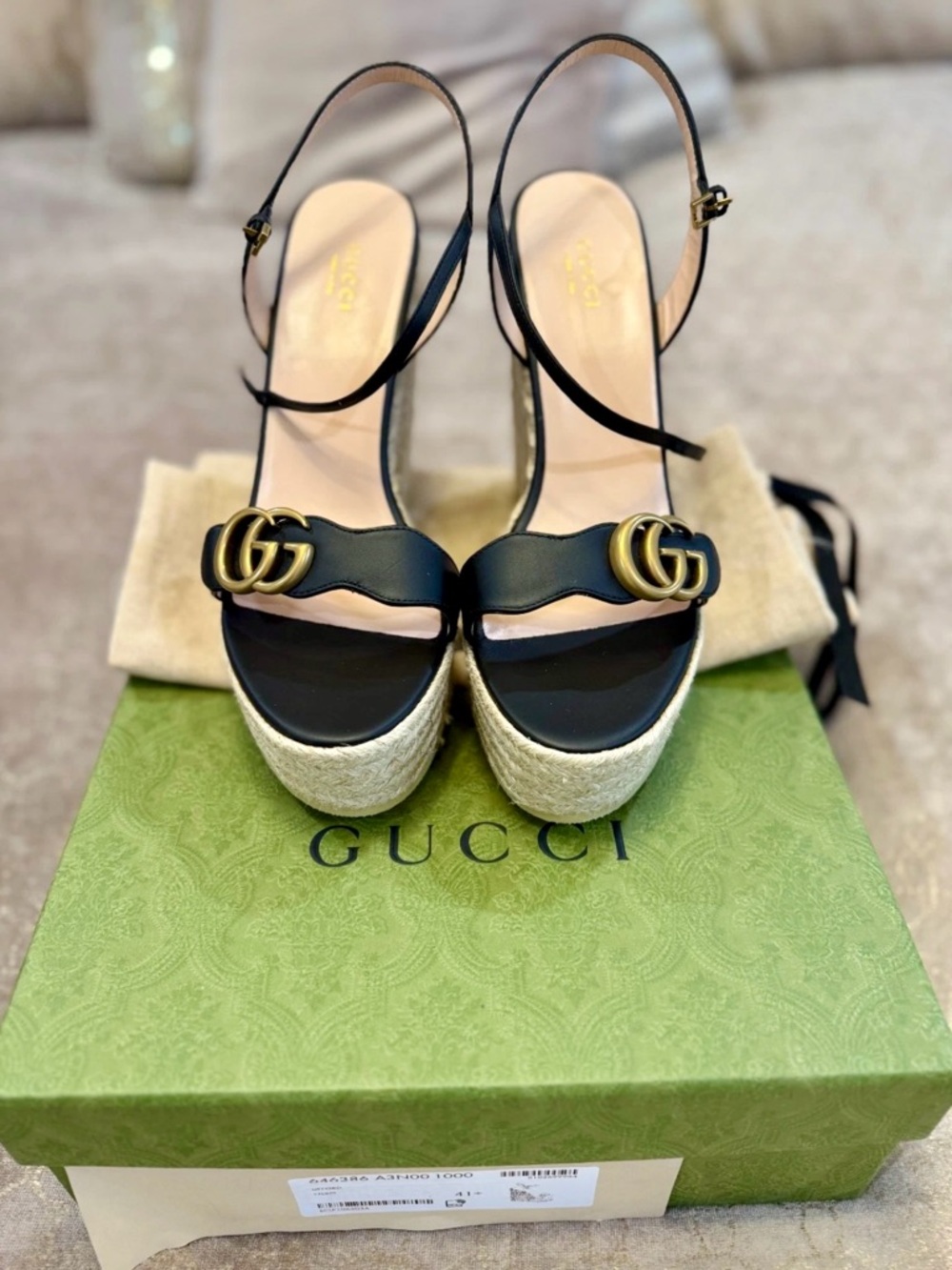 Gucci Black Leather Espadrille Wedge Sandals with Gold GG - Picture 6 of 8